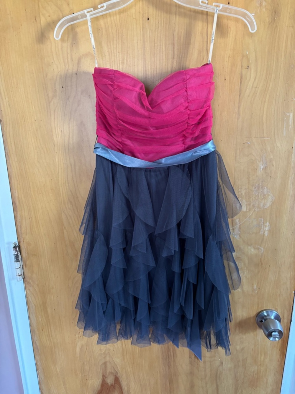 Teeze Me Strapless Pink and Black Ruffled Mini Dress